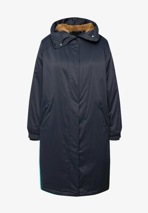 Marineblaue lange Parka mit strukturiertem braunem Kunstfell-Futter, elastischen Bündchen, zwei seitlichen Taschen und hellblauem Akzentstreifen am Saum.