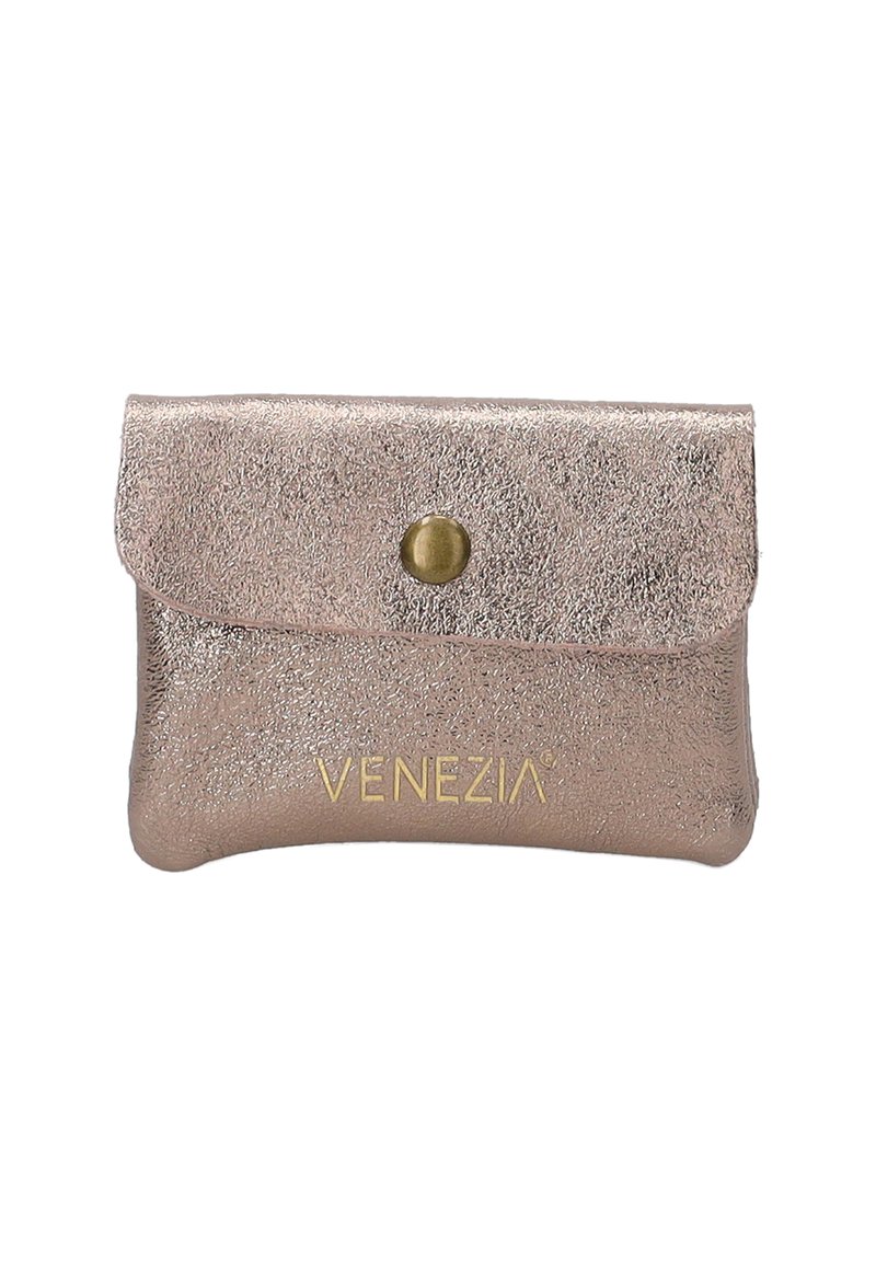 Metallic rose-gold leather pouch with a magnetic snap closure, embossed brand name "VENEZIA" in gold, featuring a textured surface.