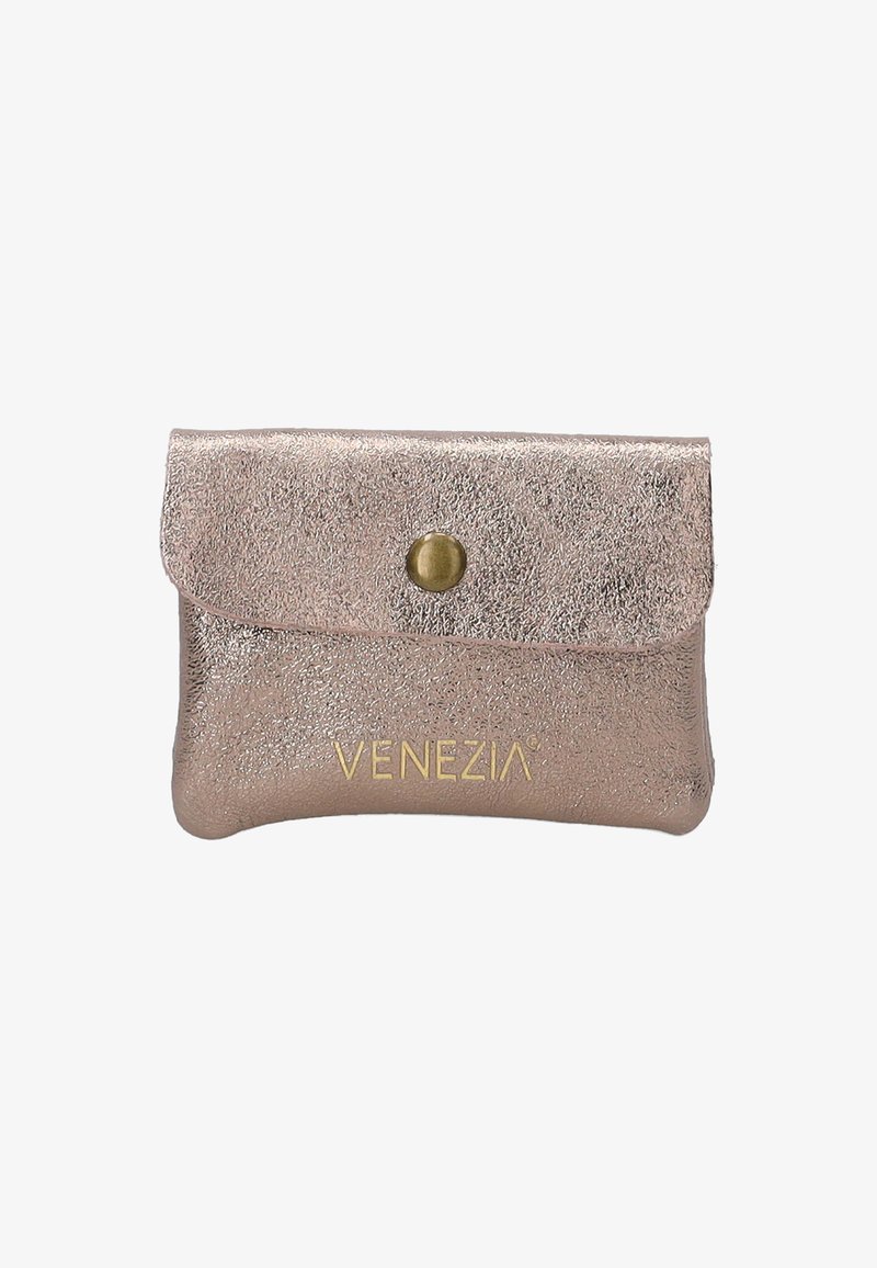 Metallisch roségoldene Lederpouch mit Magnetverschluss, geprägt mit dem Markennamen "VENEZIA" in Gold und mit einer strukturierten Oberfläche.