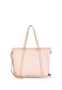Růžová taška přes rameno z hladkého syntetického materiálu, s koženými madly a zlatými kovovými doplňky. Prostorný design s odnímatelným popruhem.