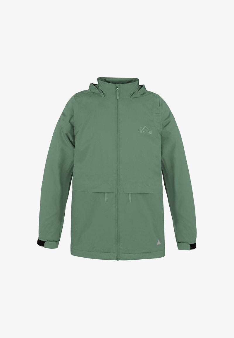 Hellgrüne wasserdichte Jacke mit Reißverschluss vorne, verstellbarem Kapuzen und elastischen Bündchen. Verfügt über eine Fronttasche und ein Logodetail auf der Brust.