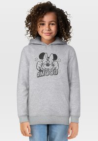 Grå hettegenser med en frontlomme, med et svart grafisk motiv av en smilende karakter og teksten "#MOOD" under, laget av bomull, lange ermer.