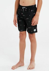 Zwarte zwemboxers met een patroon van kleurrijke vissen en ankers. Rekbare tailleband met een koord en een zijlogo label.