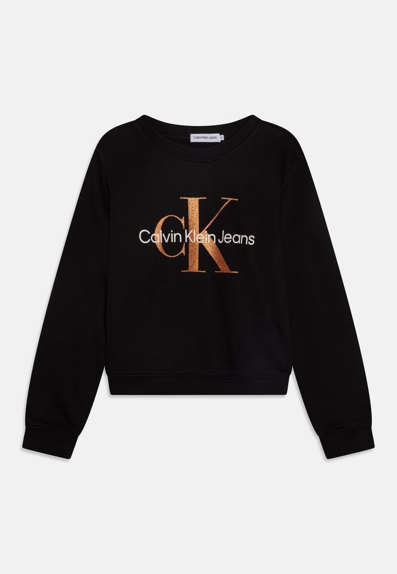 Sweatshirt à manches longues noire avec logo "cK" métallique en or rose et texte blanc "Calvin Klein Jeans" à l'avant, poignets et ourlet côtelés.