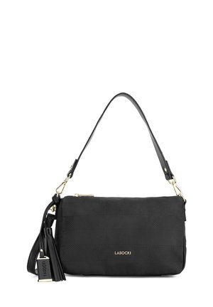 Schwarze rechteckige Schultertasche mit strukturiertem Muster, goldenem Reißverschluss, Quaste und abnehmbarem Riemen mit Lasocki-Logo auf der Vorderseite.