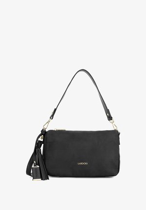 Schwarze rechteckige Schultertasche mit strukturiertem Muster, goldenem Reißverschluss, Quaste und abnehmbarem Riemen mit Lasocki-Logo auf der Vorderseite.