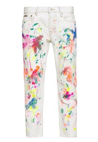 Bílé denimové džíny s vícebarevnými skvrnami od barvy v růžové, zelené, žluté a modré. Rovný střih s roztrhanými detaily na lemu.