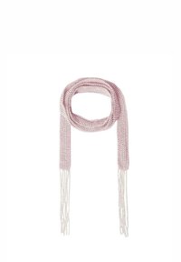 Bufanda de punto en rosa claro con flecos. Presenta un patrón suave y texturizado, un diseño moderno y una forma en bucle para un uso fácil.