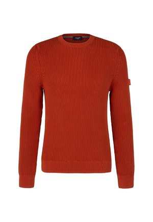 Czerwony sweter z prążkowanego materiału z długimi rękawami, okrągłym dekoltem i akcentem logo na rękawie. Charakteryzuje się teksturowanym wykończeniem i dopasowanymi mankietami.