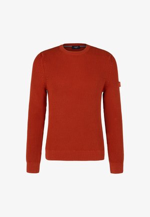 Roter gerippter Strickpullover mit langen Ärmeln, Rundhalsausschnitt und einem Logo-Akzent am Ärmel. Verfügt über eine strukturierte Oberfläche und eng anliegende Bündchen.