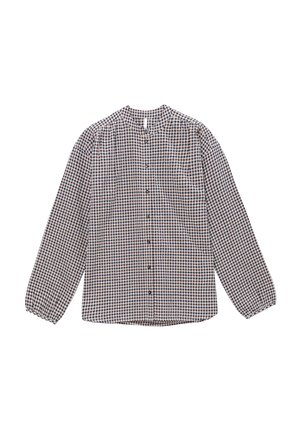 Chemisier à manches longues en motif carreaux, avec un col rond et des poignets larges ; principalement dans des couleurs bleu marine, blanc et marron.