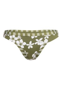 Olive green bikini bottom with white floral pattern. Features horizontal white stripes along the waistband. Soft, stretchy material.