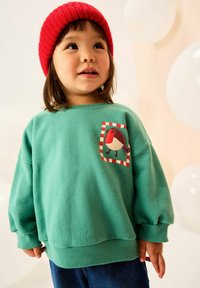 Sudadera de forro polar verde con un bolsillo a cuadros que presenta un diseño de pájaro, combinada con unos vaqueros de mezclilla azul oscuro. Sombrero de lana rojo. Textura suave.