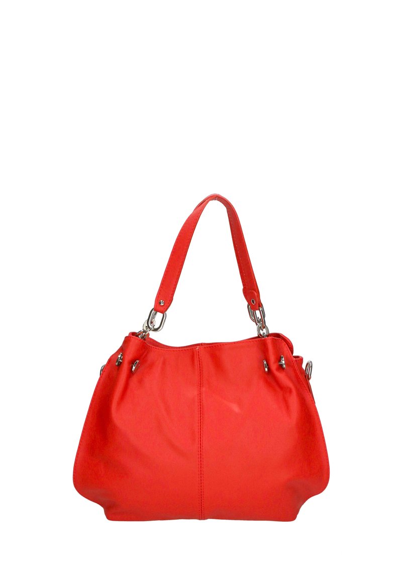 Borsa a mano rossa in pelle con forma arrotondata, manico corto e decorazioni in metallo argentato sui lati, caratterizzata da una superficie liscia.