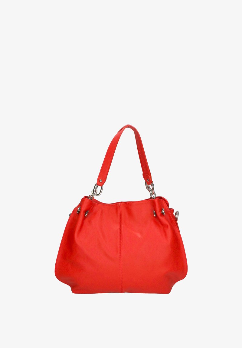 Borsa a mano rossa in pelle con forma arrotondata, manico corto e decorazioni in metallo argentato sui lati, caratterizzata da una superficie liscia.