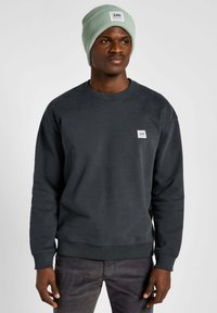 Ciemnoszara bluza z okrągłym dekoltem i ściągaczami, w połączeniu z jasnozielonym, prążkowanym czapką beanie z haftowaną naszywką logo.