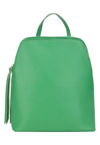 Rucsac din piele verde cu vârf rotunjit, finisaj texturat și un mâner de sus. Dispune de o închidere cu fermoar și un fermoar decorativ.