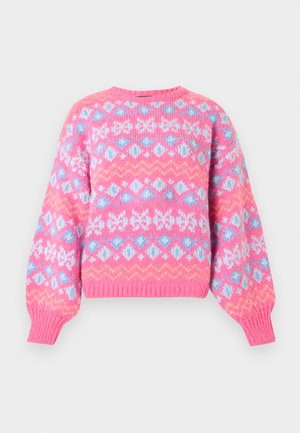 Knitted pullover sweater featuring a pink base with blue, white, and yellow geometric patterns. Fitted ribbed cuffs and round neckline.