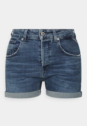 Denim shorts in dark indigo with a medium wash. Features rolled hems, five pockets, and a metal button closure at the waistband.