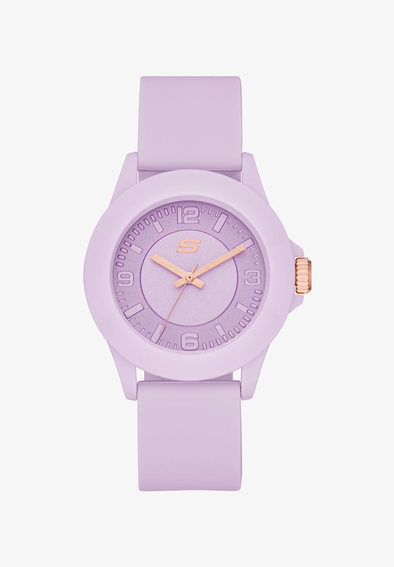 Fliederfarbene Armbanduhr mit rundem Zifferblatt, roségoldenen Stunden-, Minuten- und Sekundenzeigern, arabischen Ziffern und passendem fliederfarbenem Armband.