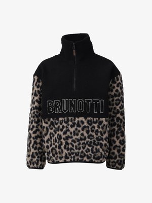 Pulôver de fleece preto e estampado de leopardo com zíper de meio e texto "BRUNOTTI" atravessando o peito.