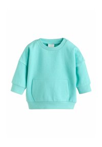 Mintunvihreä collegepaita, jossa pyöreä pääntie, ylivertainen istuvuus, pitkät hihat ja edessä kengurutasku. Pehmeä kangas, jossa resorit hihansuissa.