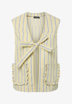 Ärmellose gelbe Weste mit blauen vertikalen Streifen, einer vorderen Bindung, Brusttasche und zwei gerafften Seitentaschen.