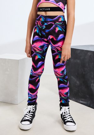 Bunte Sportleggings mit einem wirbelnden abstrakten Muster in Pink, Lila und Blau auf schwarzem Hintergrund; figurbetonter Schnitt, elastischer Bund.