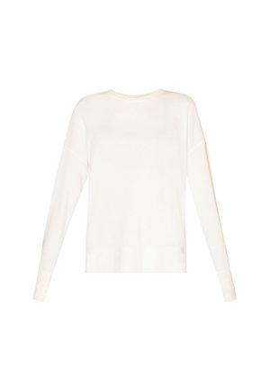 Wit trui met lange mouwen en een ronde hals, met een losse pasvorm en rechte zoom, afgebeeld op een effen witte achtergrond.