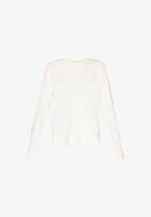 Wit trui met lange mouwen en een ronde hals, met een losse pasvorm en rechte zoom, afgebeeld op een effen witte achtergrond.