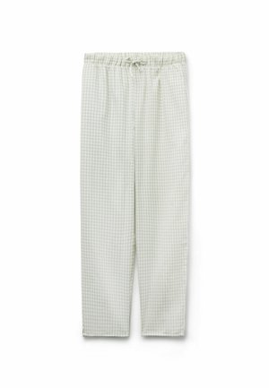 Pantalon ample à motif vichy vert clair et blanc, avec taille élastique et cordon de serrage, présenté à plat sur un fond blanc.