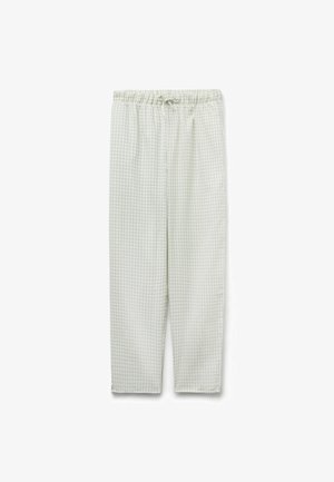 Pantalon ample à motif vichy vert clair et blanc, avec taille élastique et cordon de serrage, présenté à plat sur un fond blanc.