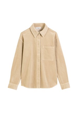 Beige corduroy shirt with a button-up front, pointed collar, long sleeves, and a chest pocket. Textured fabric with vertical ridges.