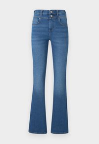 Blauwe flared jeans van denim, met een hoge taille, twee voorzakken, lichte vervaging en dubbele knoopsluiting.