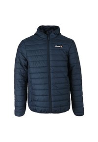 Giacca imbottita blu navy con cappuccio, caratterizzata da una chiusura frontale con zip, una sottile trama trapuntata e un piccolo logo sulla parte superiore sinistra.