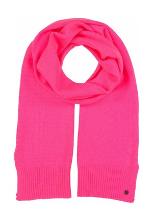 Sciarpa lavorata a maglia di un brillante colore rosa, con estremità a coste e una texture liscia. Dettaglio distintivo: piccolo logo vicino al bordo.