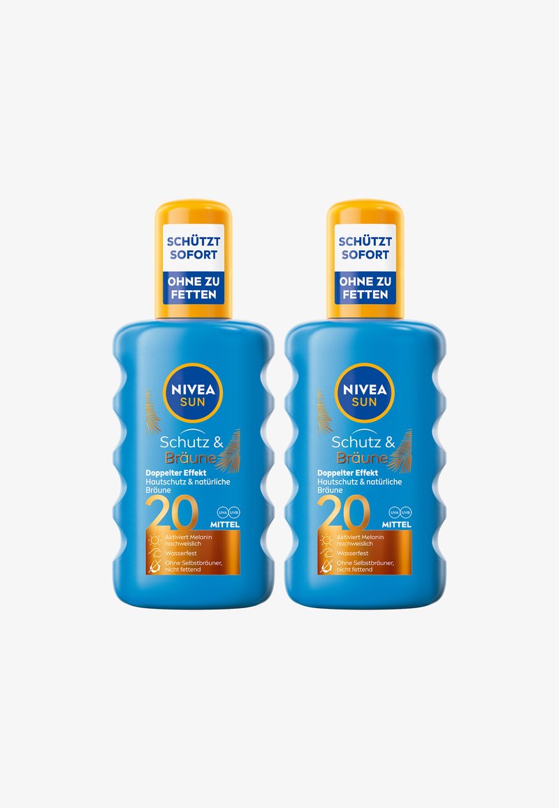 Two bottles of NIVEA Sun sunscreen, blue plastic, contoured shape, yellow caps, and labels featuring text about skin protection and tanning.