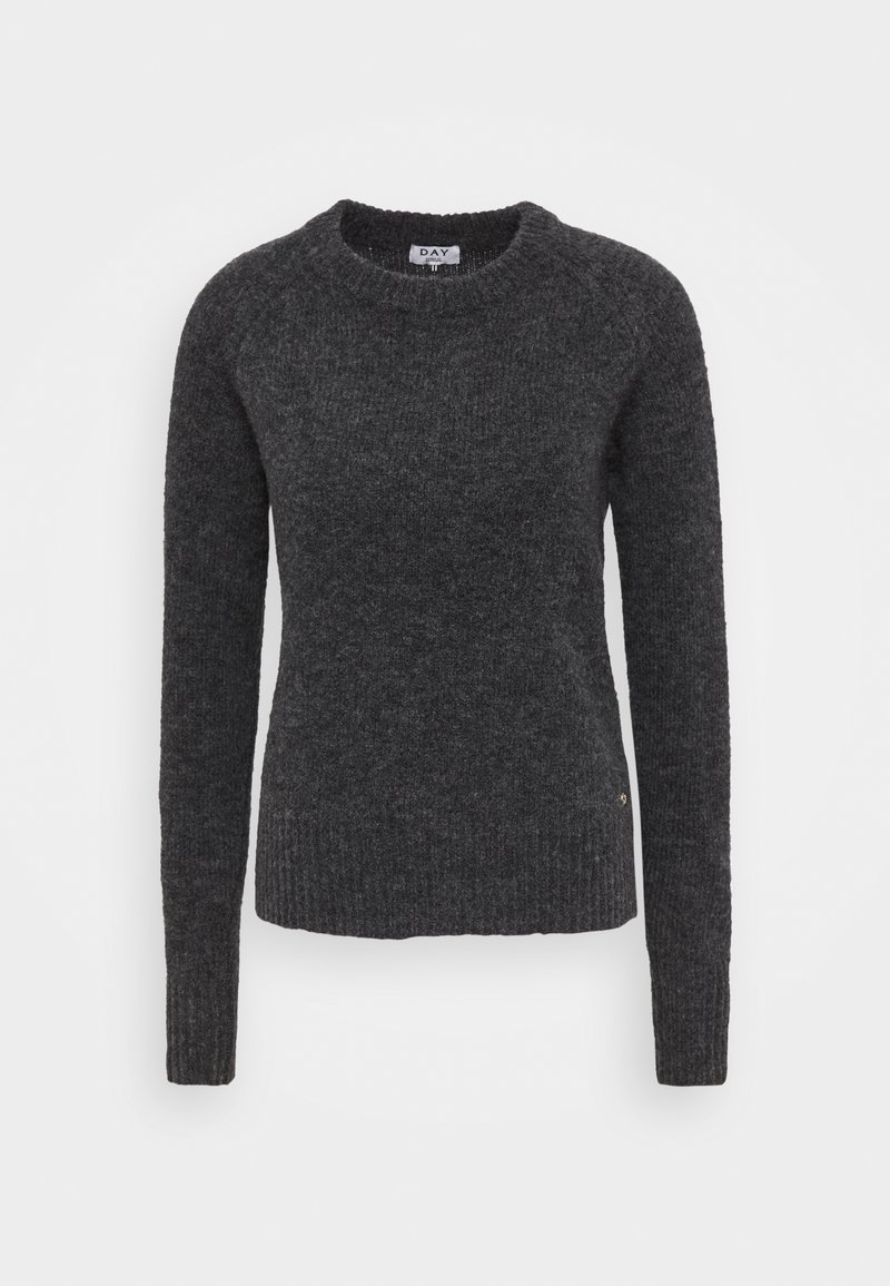 Pull gris foncé en maille à manches longues avec col rond, poignets et ourlet côtelés, présenté sur un fond blanc.