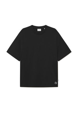 Black cotton t-shirt with a relaxed fit, round neck, and short sleeves. Features a small logo detail on the bottom left corner.