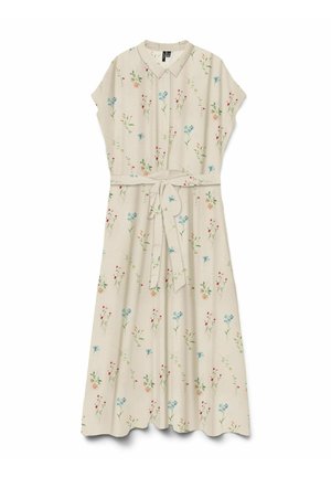 Robe midi beige à manches courtes, col, imprimé floral en bleu, rouge et orange, avec ceinture nouée à l'avant.