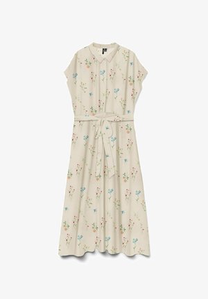 Beige midi dress with short sleeves, collar, floral print in blue, red, and orange, and a front tie belt.