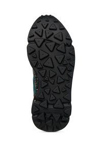 Semelle de chaussure en caoutchouc noir dotée d'un motif de crampons triangulaire, conçue pour offrir une bonne adhérence, avec des bords renforcés pour plus de durabilité et de stabilité.