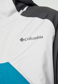Lightweight Columbia jacket featuring a color-block design in white, teal, and charcoal, with a prominent logo on the chest.
