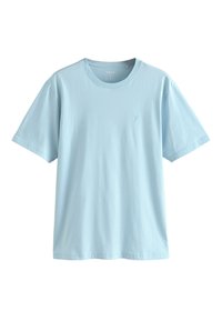 Hellblaues Baumwoll-T-Shirt mit kurzen Ärmeln. Verfügt über einen runden Halsausschnitt und ein kleines Logodetail auf der linken Brustseite.