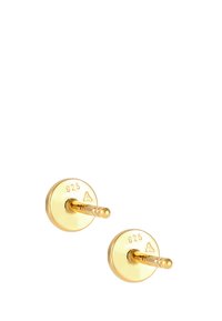 Guldfarvede studs med et cirkulært design, mærket "925" for sølvindhold, featuring en simpel post- og bagsløjfe lukning.