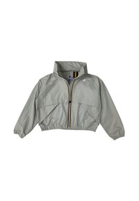 Giacca corta grigia chiara in nylon, con colletto alto, zip frontale con dettaglio a strisce e polsini elasticizzati.