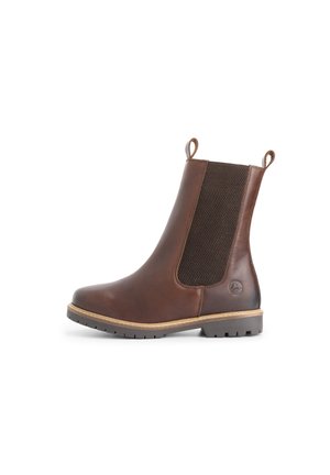 Bottine Chelsea en cuir marron avec tirettes, panneaux élastiques sur les côtés, détails de couture et semelle en caoutchouc, présentée en profil sur fond blanc.