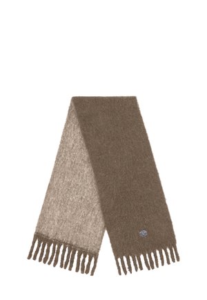 Brauner Wollschal mit einem Verlaufseffekt, der fransige Enden und ein kleines Logodetail aufweist. Weiche Textur mit einem leicht verschwommenen Finish.