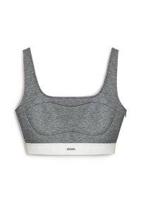 Bra sportivo grigio con una texture liscia, spalline larghe e un elastico bianco nella parte inferiore con la parola "Athletic" in una stampa sottile.