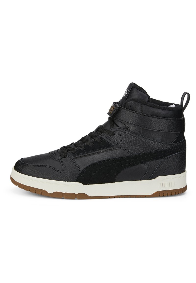 High-top sneakers in black leather with textured finish, padded collar, white midsole, and gum rubber outsole. Features adjustable straps.